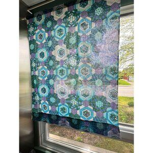 Vintage 70s curtain, blue, green purple faux patchwork, abstract floral panel